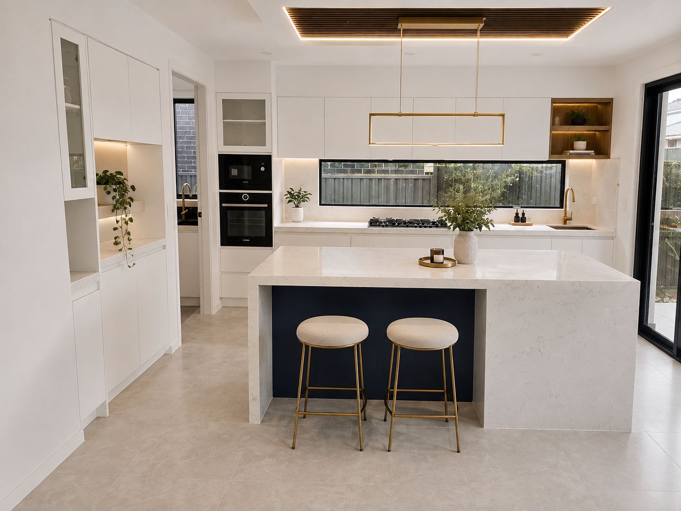 White handleless kitchen with a mitred stone waterfall island over a navy base, a brass linear pendant, gold tapware, window splashback and a timber-lined lit ceiling recess.