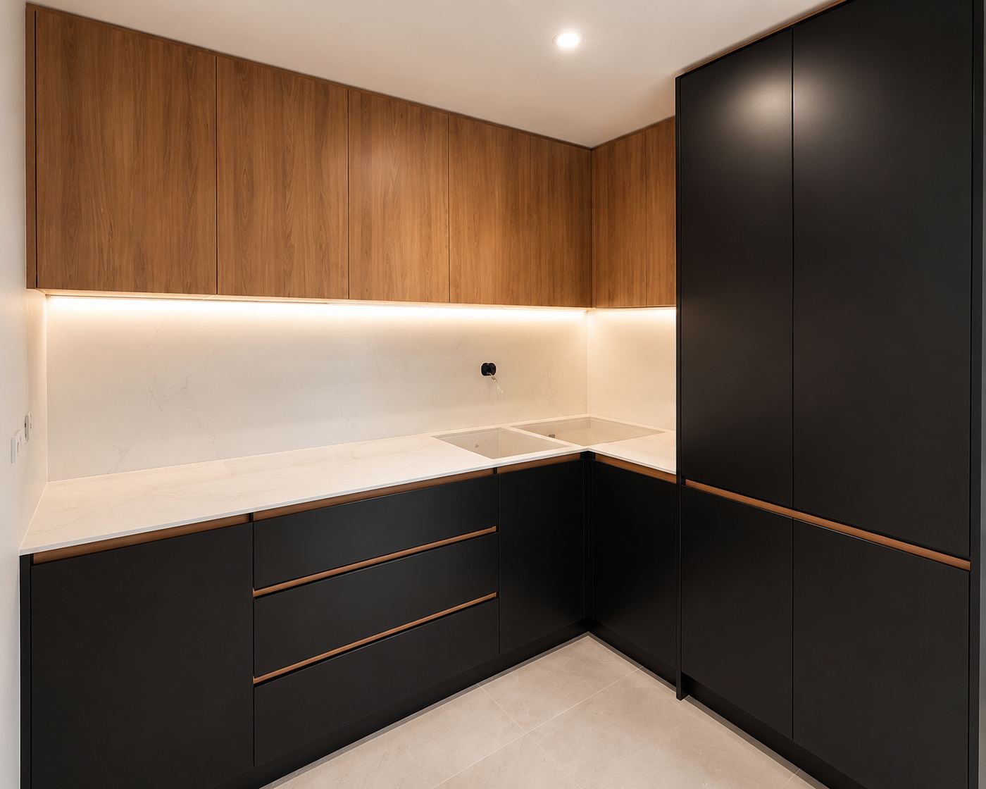 Butler's pantry with walnut overhead cupboards, matte black drawers with brass rail handles, a stone benchtop and a full-height store cupboard.
