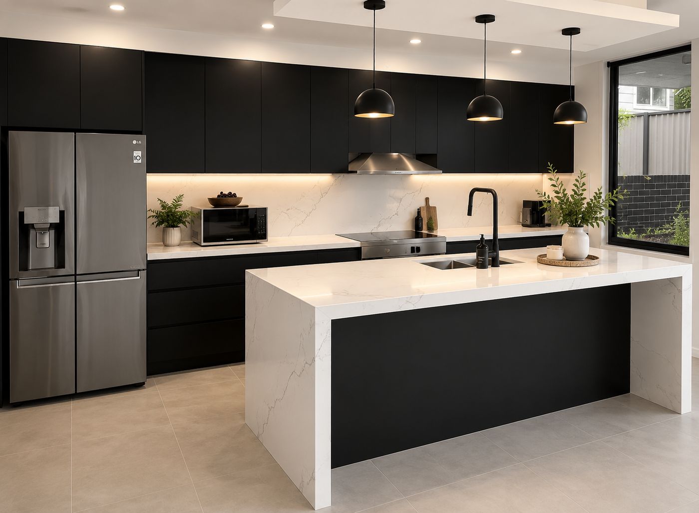 Matte black kitchen with a white marble-look waterfall island, marble splashback, stainless steel rangehood, three black dome pendants and black tapware.