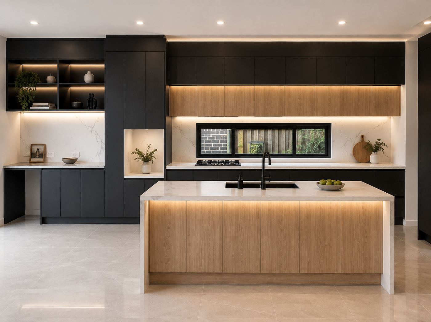 Symmetrical kitchen in matte black and oak with a marble-look splashback, black-framed window above the cooktop, lit open shelving and a study nook.