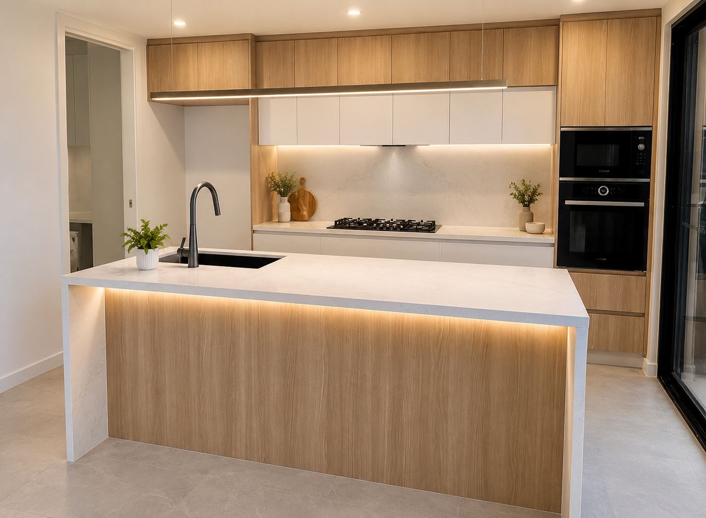 Light oak kitchen with white overhead cupboards, a large stone-topped island with lit shadowline, integrated black ovens and a stone splashback.